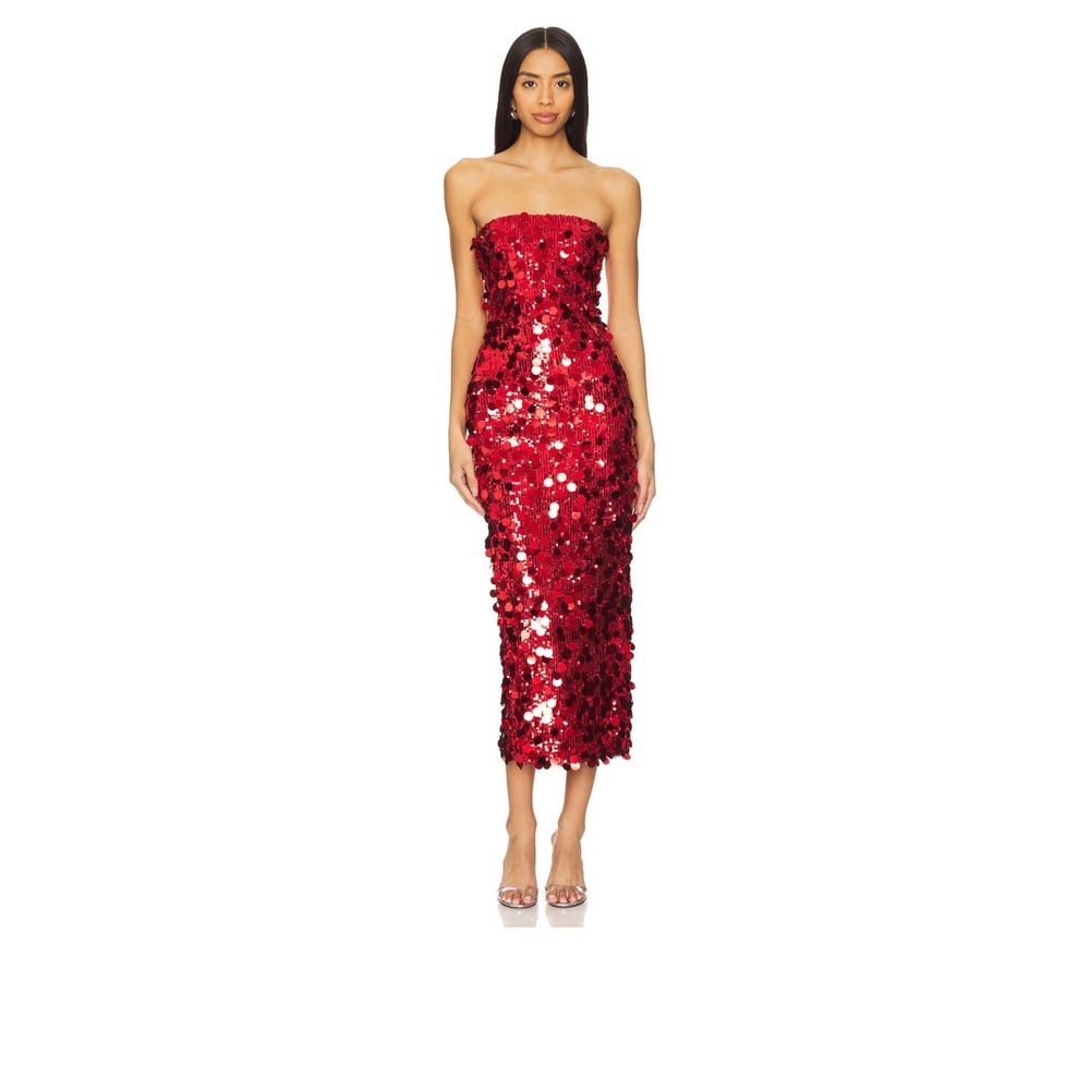 Runaway The Label Gabourne Red Sequin Strapless Midi Dress XS Bodycon Slit